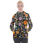 Mid Century Retro Floral 1970s 1960s Pattern 57 Women s Hooded Pullover