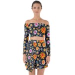 Mid Century Retro Floral 1970s 1960s Pattern 57 Off Shoulder Top with Skirt Set