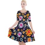 Mid Century Retro Floral 1970s 1960s Pattern 57 Quarter Sleeve A-Line Dress