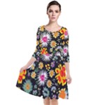 Mid Century Retro Floral 1970s 1960s Pattern 57 Quarter Sleeve Waist Band Dress