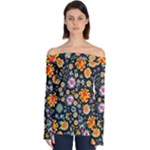 Mid Century Retro Floral 1970s 1960s Pattern 57 Off Shoulder Long Sleeve Top