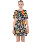 Mid Century Retro Floral 1970s 1960s Pattern 57 Sixties Short Sleeve Mini Dress