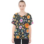 Mid Century Retro Floral 1970s 1960s Pattern 57 V-Neck Dolman Drape Top