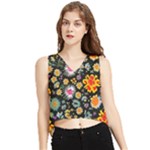Mid Century Retro Floral 1970s 1960s Pattern 57 V-Neck Cropped Tank Top