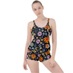 Mid Century Retro Floral 1970s 1960s Pattern 57 Boyleg Tankini Set 