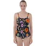 Mid Century Retro Floral 1970s 1960s Pattern 57 Twist Front Tankini Set