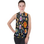 Mid Century Retro Floral 1970s 1960s Pattern 57 Mock Neck Chiffon Sleeveless Top