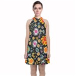 Mid Century Retro Floral 1970s 1960s Pattern 57 Velvet Halter Neckline Dress 