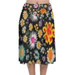 Mid Century Retro Floral 1970s 1960s Pattern 57 Velvet Flared Midi Skirt