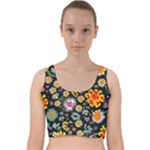 Mid Century Retro Floral 1970s 1960s Pattern 57 Velvet Racer Back Crop Top