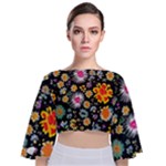 Mid Century Retro Floral 1970s 1960s Pattern 57 Tie Back Butterfly Sleeve Chiffon Top