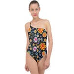 Mid Century Retro Floral 1970s 1960s Pattern 57 Classic One Shoulder Swimsuit