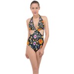 Mid Century Retro Floral 1970s 1960s Pattern 57 Halter Front Plunge Swimsuit