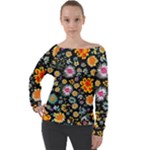Mid Century Retro Floral 1970s 1960s Pattern 57 Off Shoulder Long Sleeve Velour Top