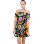 Mid Century Retro Floral 1970s 1960s Pattern 57 Off Shoulder Chiffon Dress
