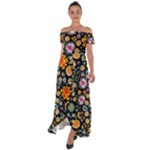 Mid Century Retro Floral 1970s 1960s Pattern 57 Off Shoulder Open Front Chiffon Dress