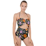 Mid Century Retro Floral 1970s 1960s Pattern 57 Scallop Top Cut Out Swimsuit