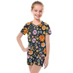 Mid Century Retro Floral 1970s 1960s Pattern 57 Kids  Mesh T-Shirt and Shorts Set