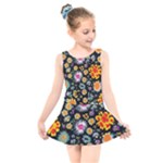 Mid Century Retro Floral 1970s 1960s Pattern 57 Kids  Skater Dress Swimsuit