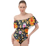 Mid Century Retro Floral 1970s 1960s Pattern 57 Off Shoulder Velour Bodysuit 