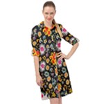 Mid Century Retro Floral 1970s 1960s Pattern 57 Long Sleeve Mini Shirt Dress