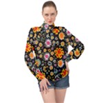 Mid Century Retro Floral 1970s 1960s Pattern 57 High Neck Long Sleeve Chiffon Top