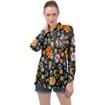 Mid Century Retro Floral 1970s 1960s Pattern 57 Long Sleeve Satin Shirt