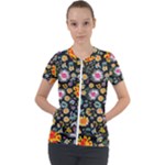 Mid Century Retro Floral 1970s 1960s Pattern 57 Short Sleeve Zip Up Jacket