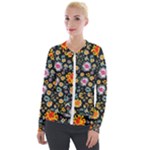 Mid Century Retro Floral 1970s 1960s Pattern 57 Velvet Zip Up Jacket