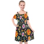 Mid Century Retro Floral 1970s 1960s Pattern 57 Kids  Cut Out Shoulders Chiffon Dress