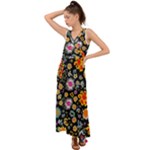 Mid Century Retro Floral 1970s 1960s Pattern 57 V-Neck Chiffon Maxi Dress
