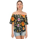 Mid Century Retro Floral 1970s 1960s Pattern 57 Off Shoulder Short Sleeve Top
