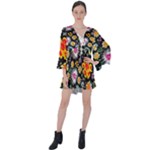 Mid Century Retro Floral 1970s 1960s Pattern 57 V-Neck Flare Sleeve Mini Dress