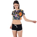 Mid Century Retro Floral 1970s 1960s Pattern 57 Tie Back Short Sleeve Crop T-Shirt