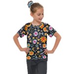 Mid Century Retro Floral 1970s 1960s Pattern 57 Kids  Mesh Piece T-Shirt