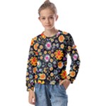 Mid Century Retro Floral 1970s 1960s Pattern 57 Kids  Long Sleeve T-Shirt with Frill 