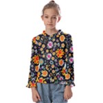 Mid Century Retro Floral 1970s 1960s Pattern 57 Kids  Frill Detail T-Shirt