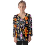 Mid Century Retro Floral 1970s 1960s Pattern 57 Kids  V Neck Casual Top