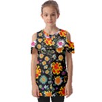 Mid Century Retro Floral 1970s 1960s Pattern 57 Fold Over Open Sleeve Top