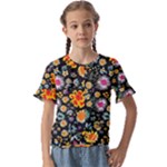 Mid Century Retro Floral 1970s 1960s Pattern 57 Kids  Cuff Sleeve Scrunch Bottom T-Shirt