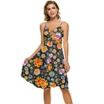 Mid Century Retro Floral 1970s 1960s Pattern 57 Sleeveless Tie Front Chiffon Dress