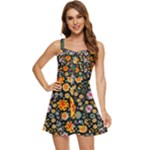 Mid Century Retro Floral 1970s 1960s Pattern 57 Ruffle Edge Bra Cup Chiffon Mini Dress