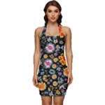 Mid Century Retro Floral 1970s 1960s Pattern 57 Sleeveless Wide Square Neckline Ruched Bodycon Dress