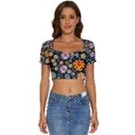 Mid Century Retro Floral 1970s 1960s Pattern 57 Short Sleeve Square Neckline Crop Top 