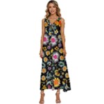 Mid Century Retro Floral 1970s 1960s Pattern 57 V-Neck Sleeveless Wide Leg Pants Overalls