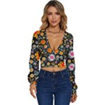 Mid Century Retro Floral 1970s 1960s Pattern 57 Long Sleeve Deep-V Velour Top