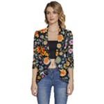 Mid Century Retro Floral 1970s 1960s Pattern 57 Women s 3/4 Sleeve Ruffle Edge Open Front Jacket