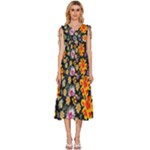 Mid Century Retro Floral 1970s 1960s Pattern 57 V-Neck Drawstring Shoulder Sleeveless Maxi Dress