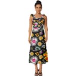 Mid Century Retro Floral 1970s 1960s Pattern 57 Tie-Strap Tiered Midi Chiffon Dress