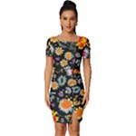 Mid Century Retro Floral 1970s 1960s Pattern 57 Fitted Knot Split End Bodycon Dress